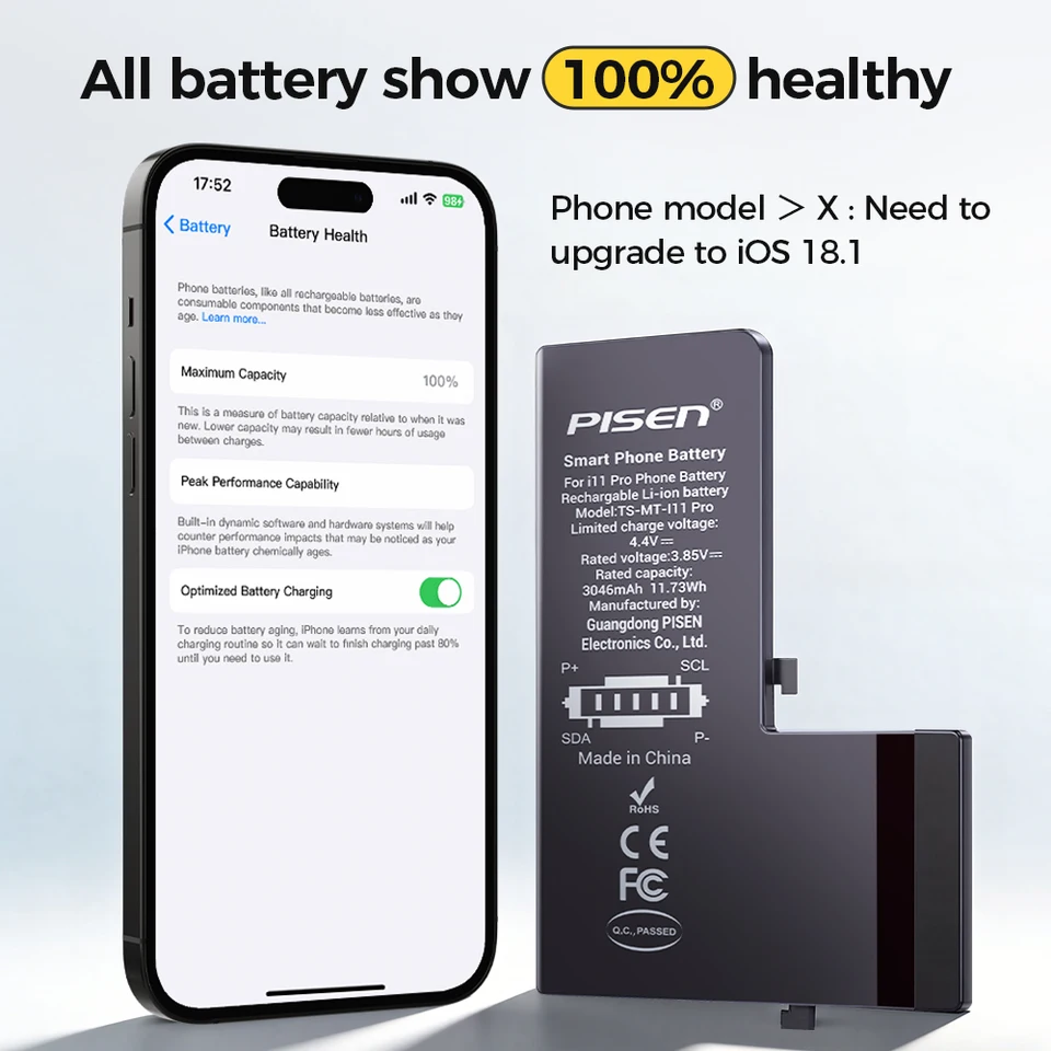 Batería PISEN para iPhone 11 12 13 14 15 Mini Pro Max Plus SE2 SE3, capacidad original, 0 ciclos, batería de reemplazo 6