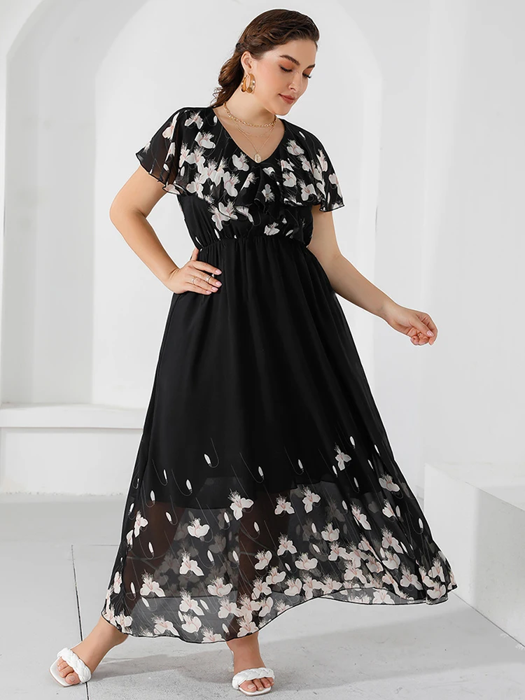 2023 Women Dress Short Sleeve Summer Woman Black Long Dresses Floral Dress Party Elegant Maxi Dress Plus Size Evening Dresses