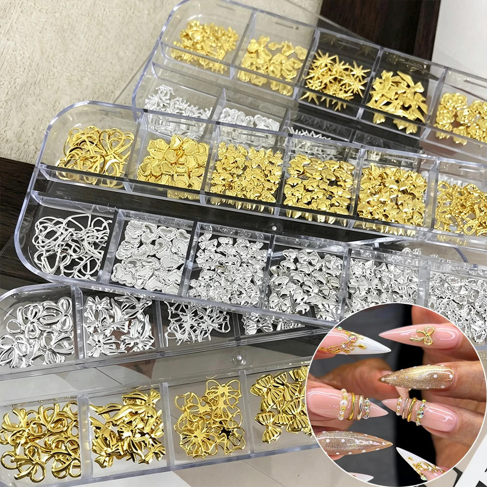 12Grids Gold Silver Bow Metal Alloy Nail Charms 3D Mixed Bowknot/Heart/Flower/Starlight Rivet Nail Jewery DIY Studs Nail Art Dec