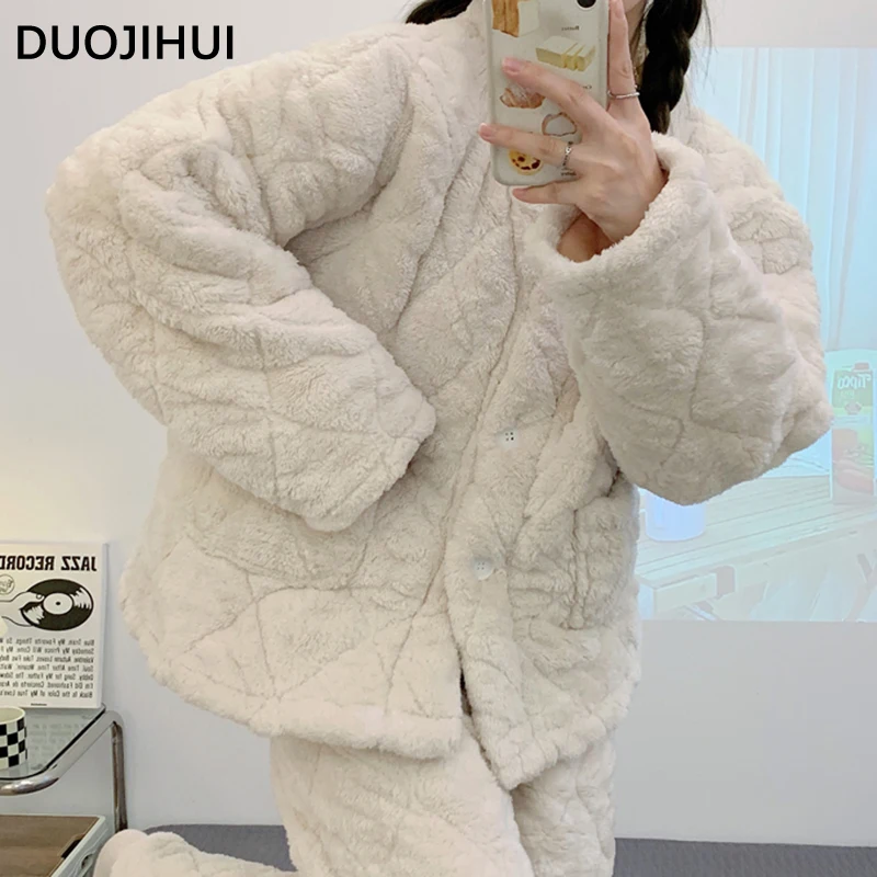 DUOJIHUI New Pure Color Winter Thick Warm Pajamas for Women Winter Casual V-neck Cardigan Loose Pant 2-colors Female Pajamas Set