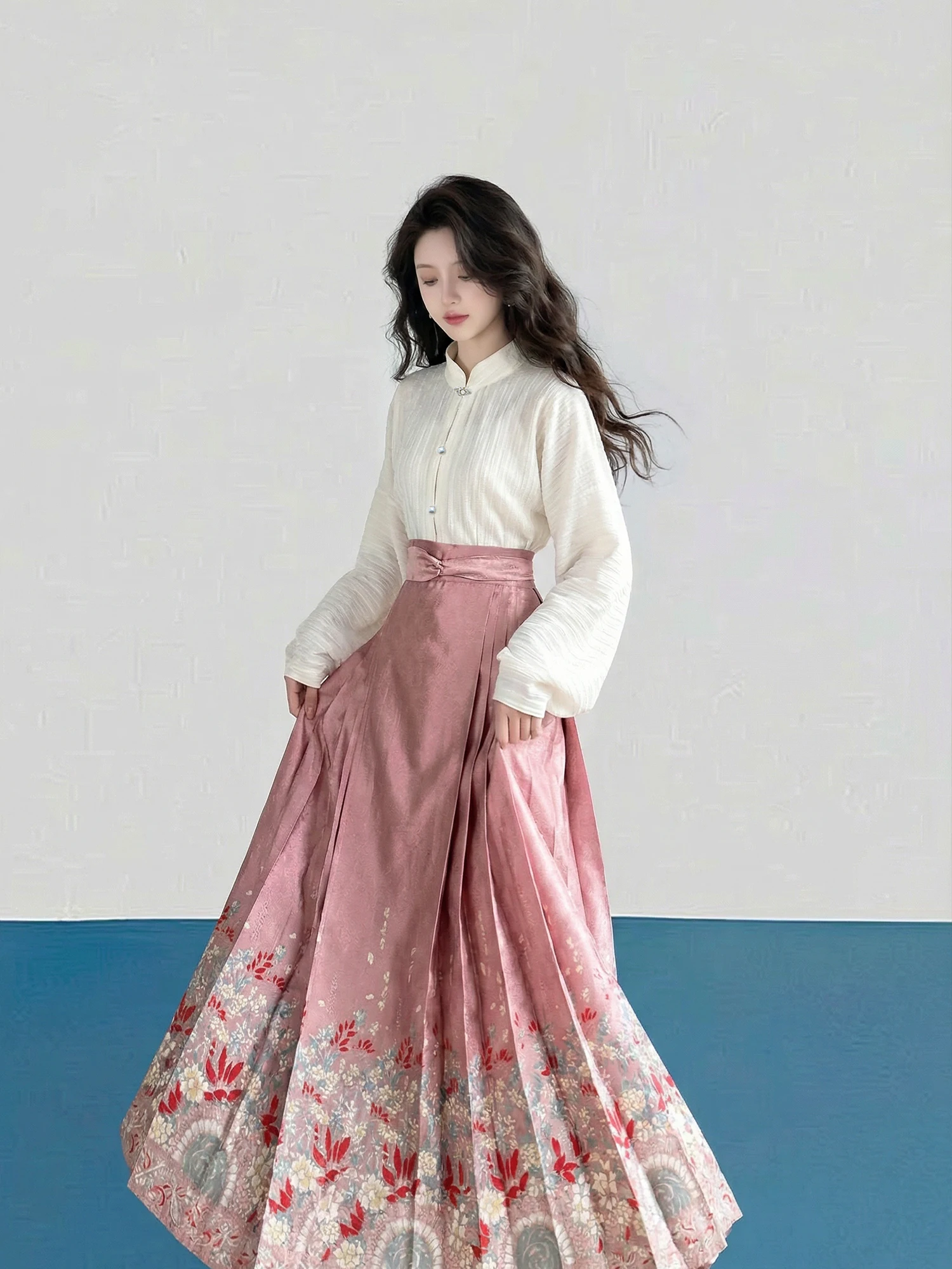 

XiaoLu Water Ming Hanfu High Waist Stand Collar Pink Spring Summer Daily Han Sle One Thought Floral Hairpin Traditional Chi...