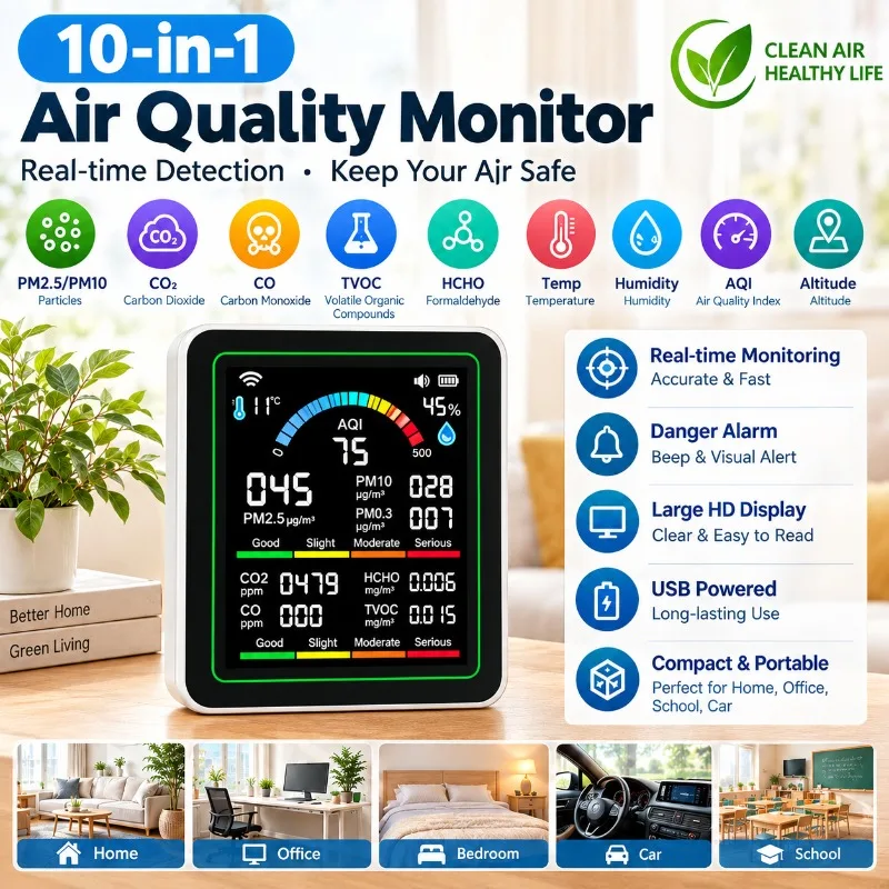 10 in 1 Air Quality Monitor PM2.5 PM10 CO2 TVOC HCHO Detector with Temperature Humidity AQI Alarm