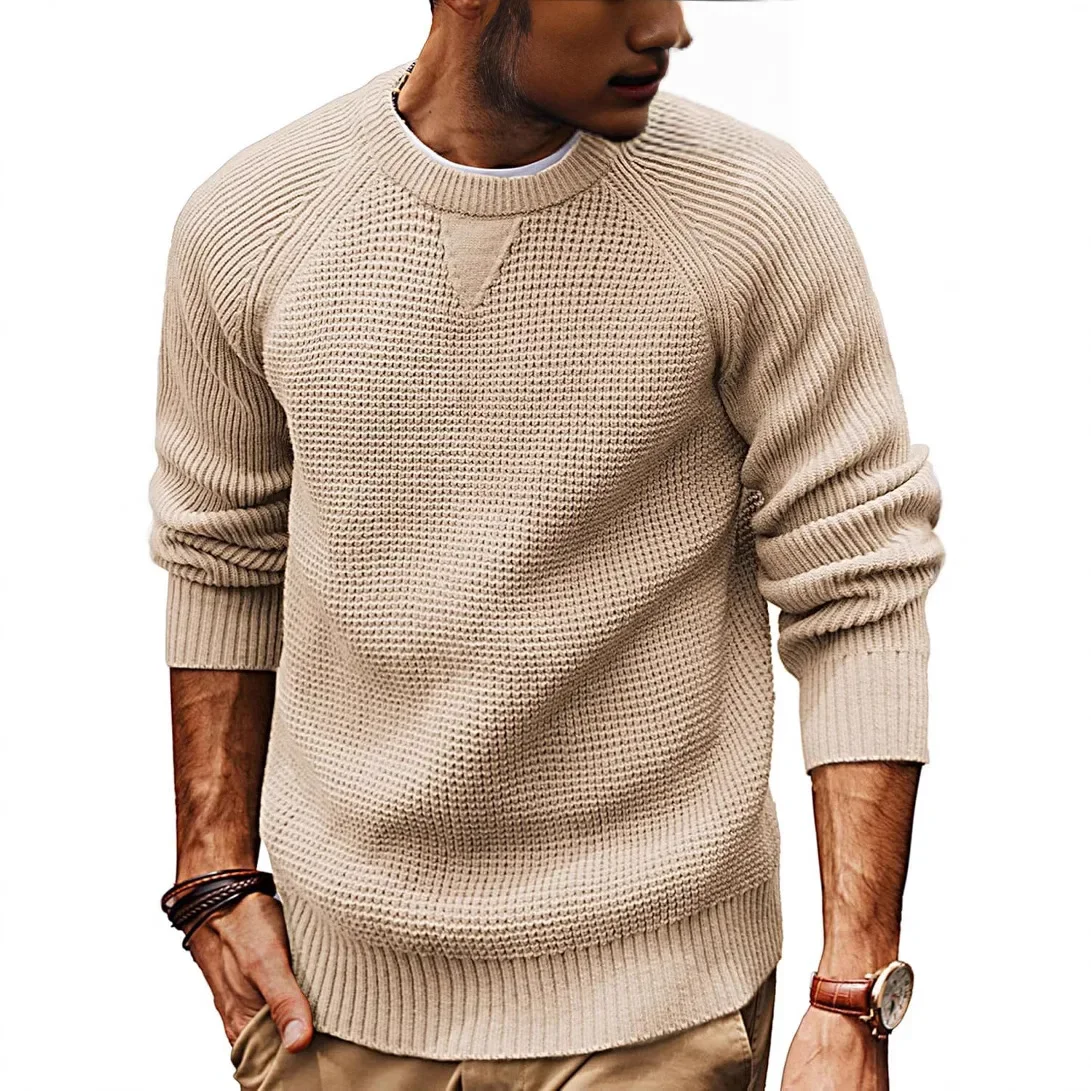 Men Knit Pullovers Solid Round Neck Loose Sweaters Long Sleeve Casual Thick Spliced Male Jumpers Winter  Slight Strech
