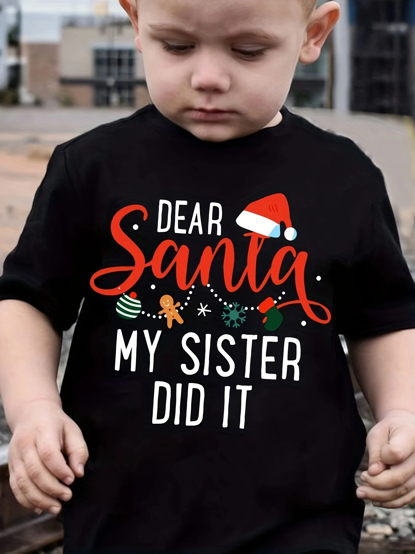 Funny Christmas T-Shirt Dear Santa My Sister Did It Prank Gift Cute Short Sleeve Top Santa Elf Print Soft Holiday Party Kids Top