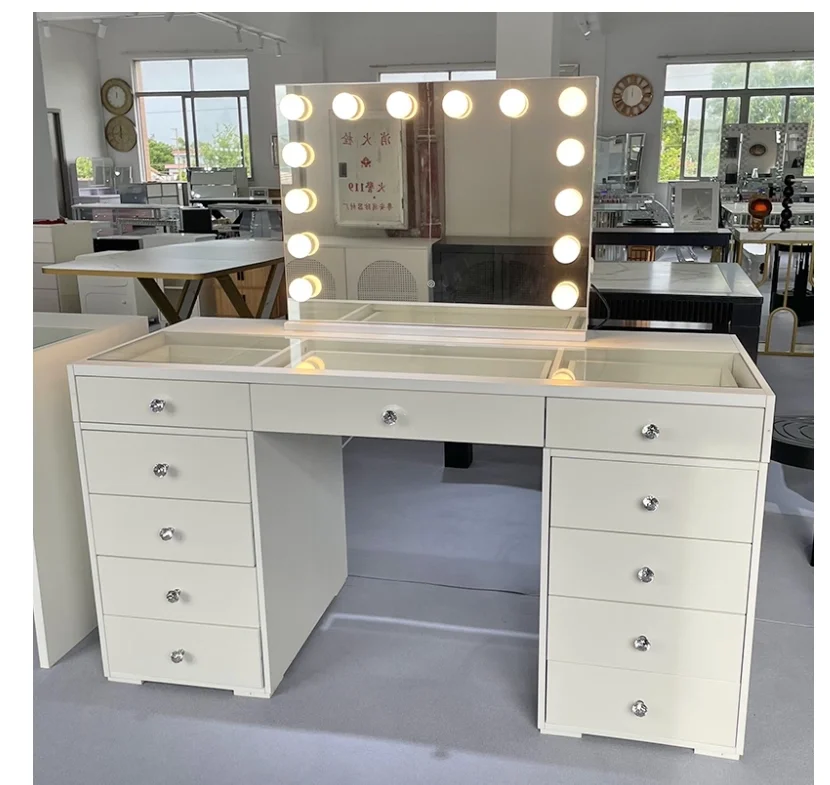 

Vanity Desk with Large Mirror and Lights, Super Storage Space Makeup Vanity with 9 Drawers & Power Outlet, Makeup Desk Dressing