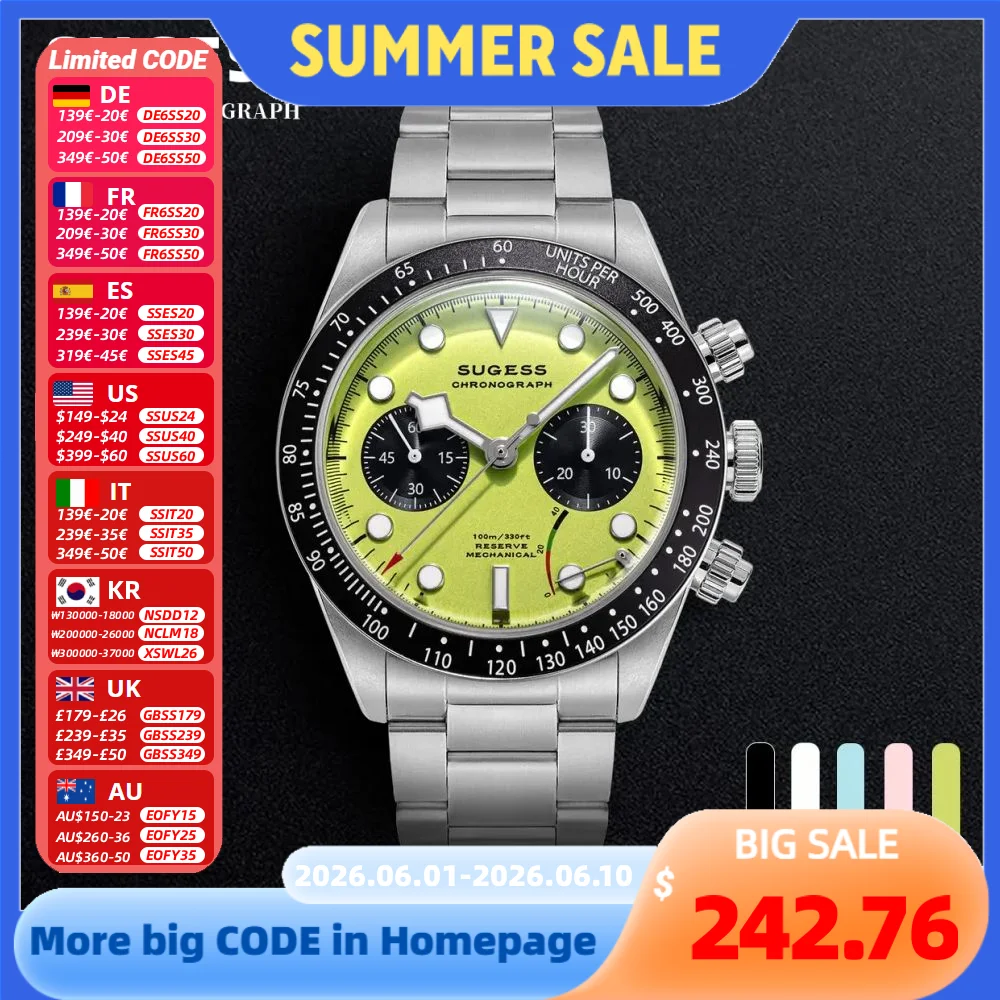 

Sugess Pilot Watch Men Chronograph ST1907 Movement Air Force Mechanical Sapphire Crystal Wristwatches Waterproof Colorful S457