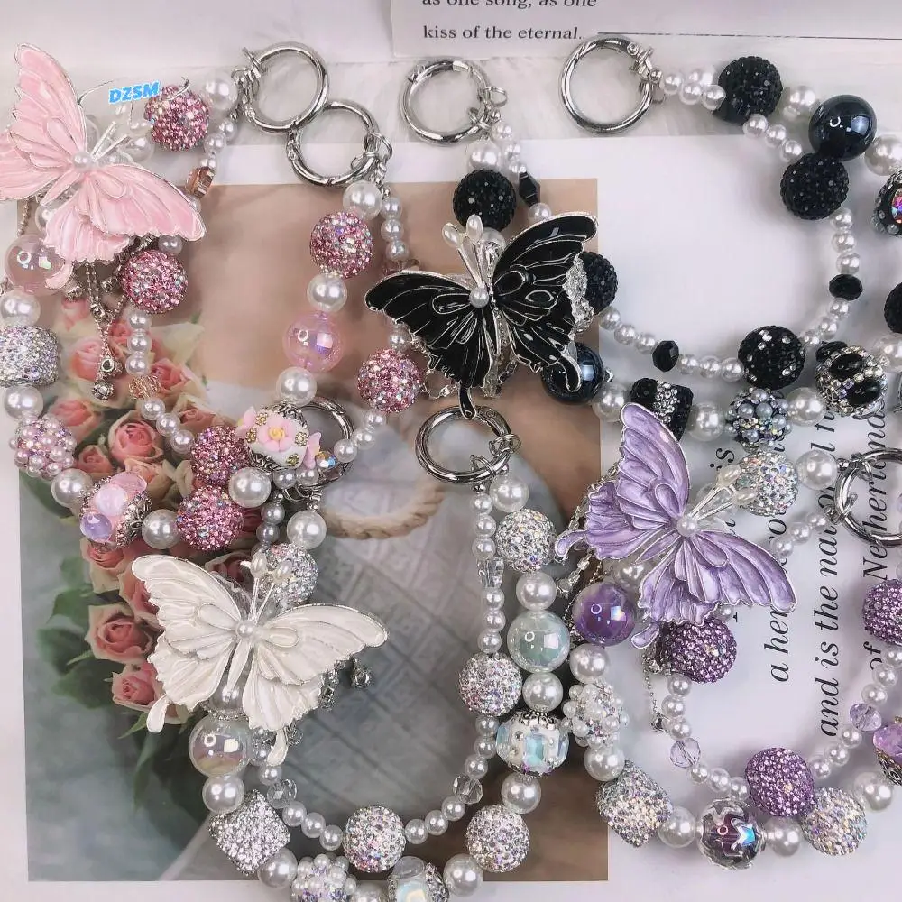 

Glitter Rhinestone Phone Chain Double Layer Pearl Butterfly Key Chain Tassel Luxury Beaded Cell Phone Lanyard Key Chain