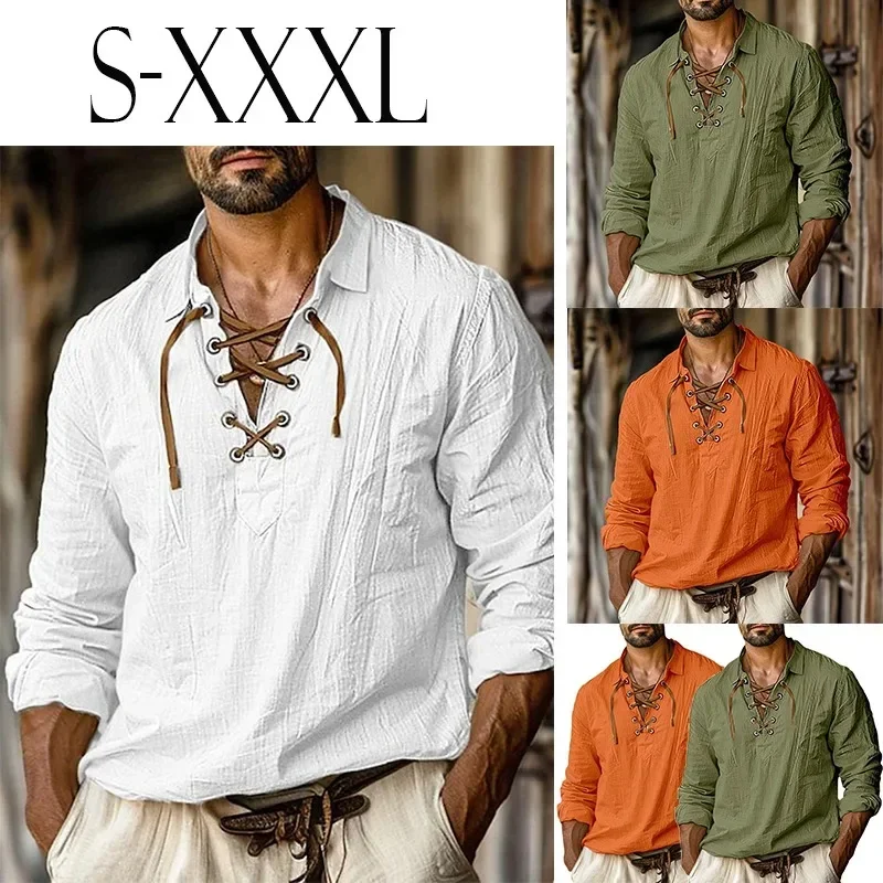 

New Men's Casual Long Sleeve Shirt Fashion Solid Color V-neck Lace-up Cotton Blended Breathable Comfortable Pullover T-shirt.