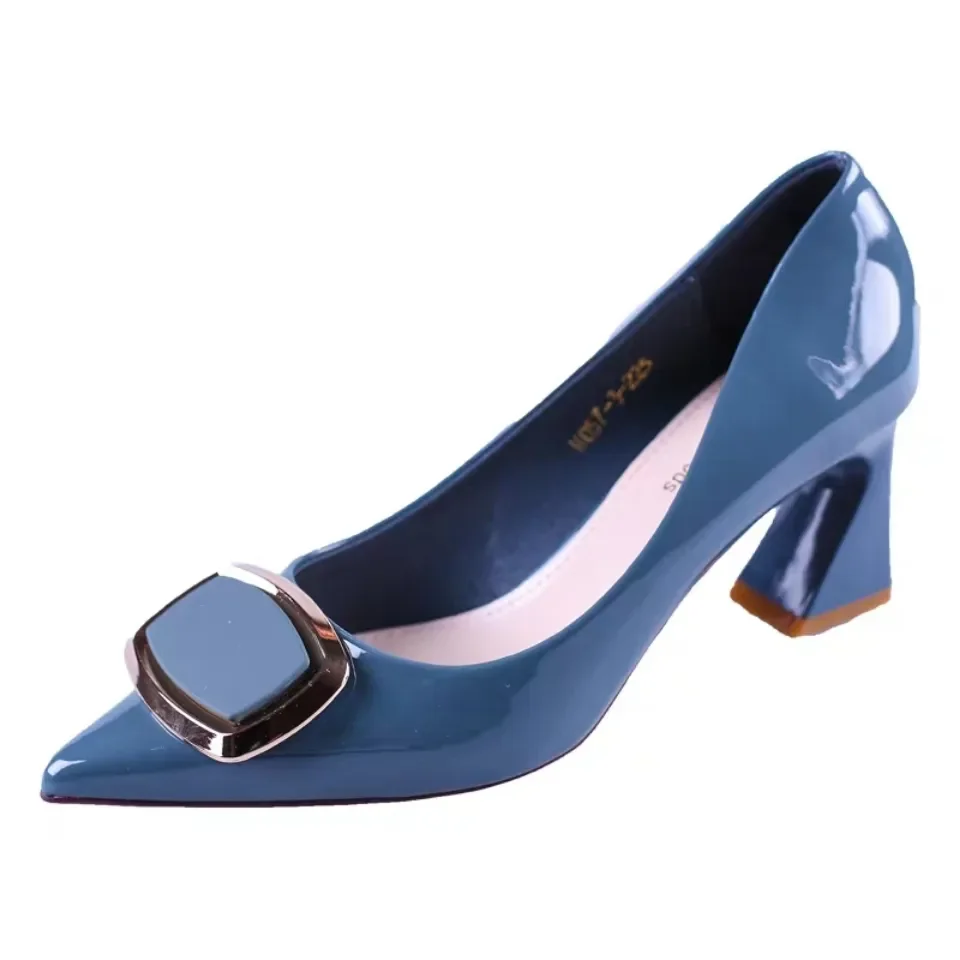 Zapatos De Mujer Women Casual Sky Blue Patent Leather Spring Slip on Square Heel Shoes Lady Classic Career Office Heel Pumps B16