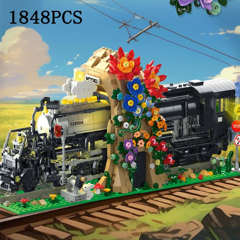 MOC locomotora de vapor flor mar tren grande juego de bloques de construcción soporte de libro pista vehículo niño juguetes para niños regalos de cumpleaños y vacaciones