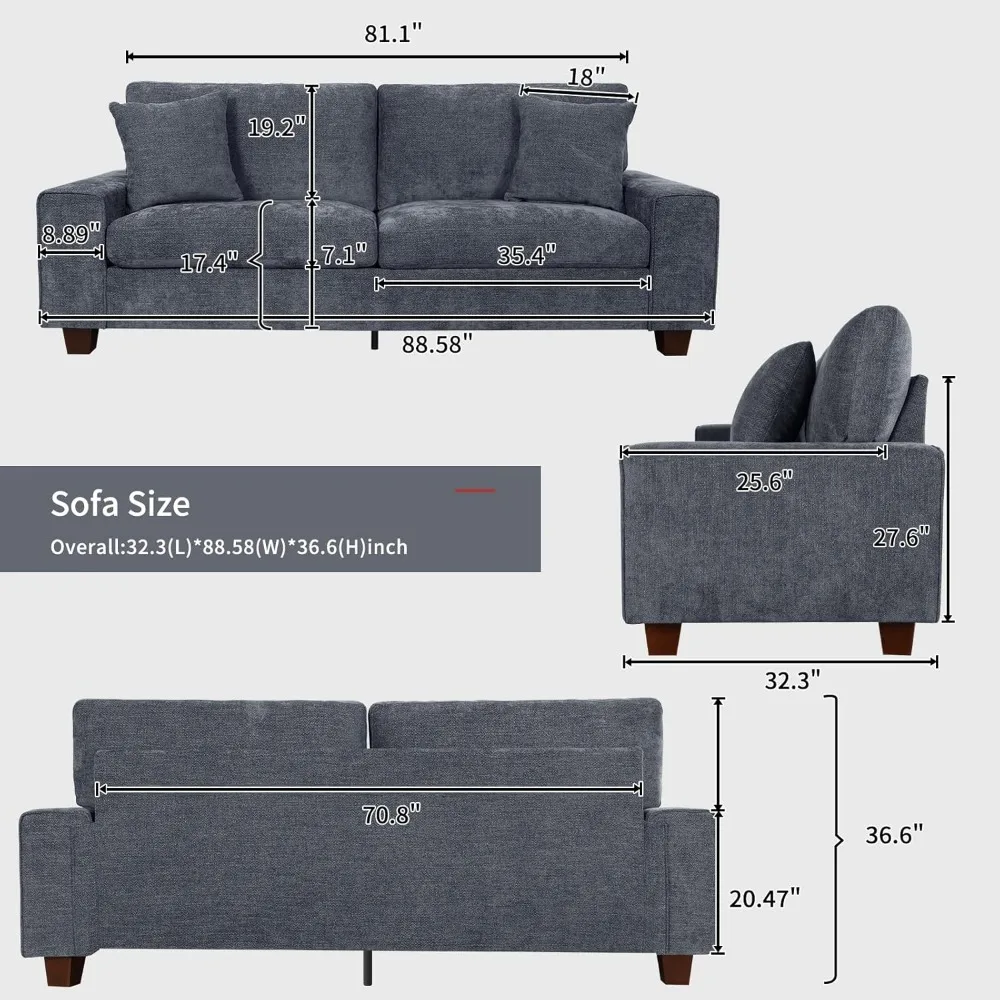 Chenille Sofa Couches for Living Room, 3 Seater Sofa with 2 Pillows, Small Modern Love seat Couch for Small Spaces, Offic