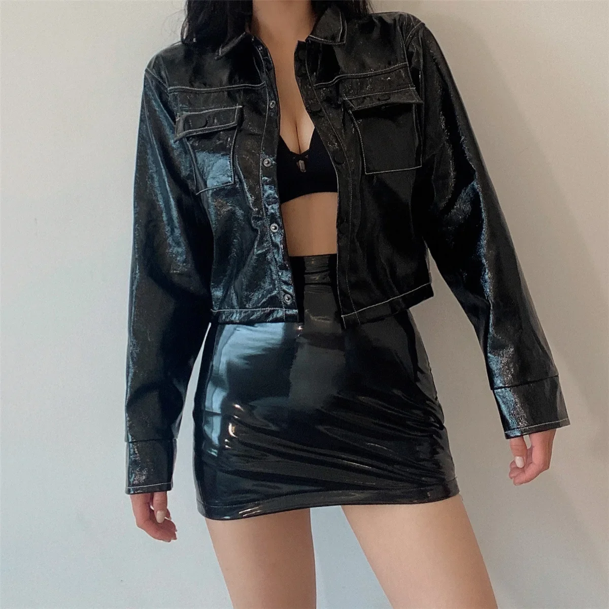 

Black High Waist Leather Mini Skirt Y2K Trendy Bodycon Tight Skirt Reflective Korean Sweet Edgy Club Party Daily Street Fashion