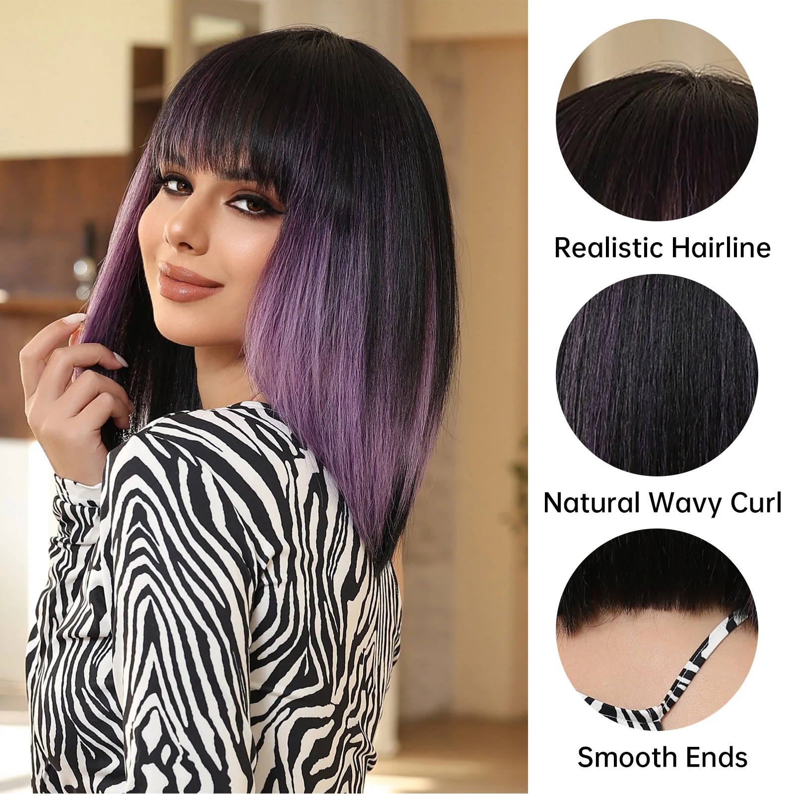 Modiis Ferre-Perruques Bob Synthétiques Courtes et Lisses pour Femme, Cheveux Naturels avec Frange, Noir, Violet, Ombre, Cosplay Party, Fibre