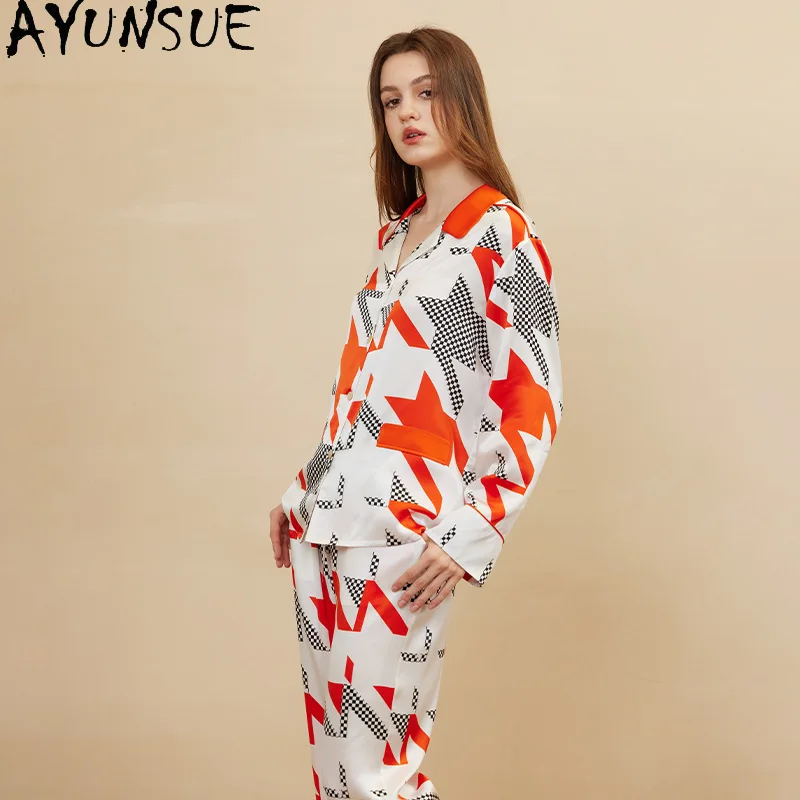 AYUNSUE 100% Genuine Silk Pajamas for Women 19MM Silk Printed Pyjamas 2026 Spring and Summer Newarrive Sleepwear Пижама Женская
