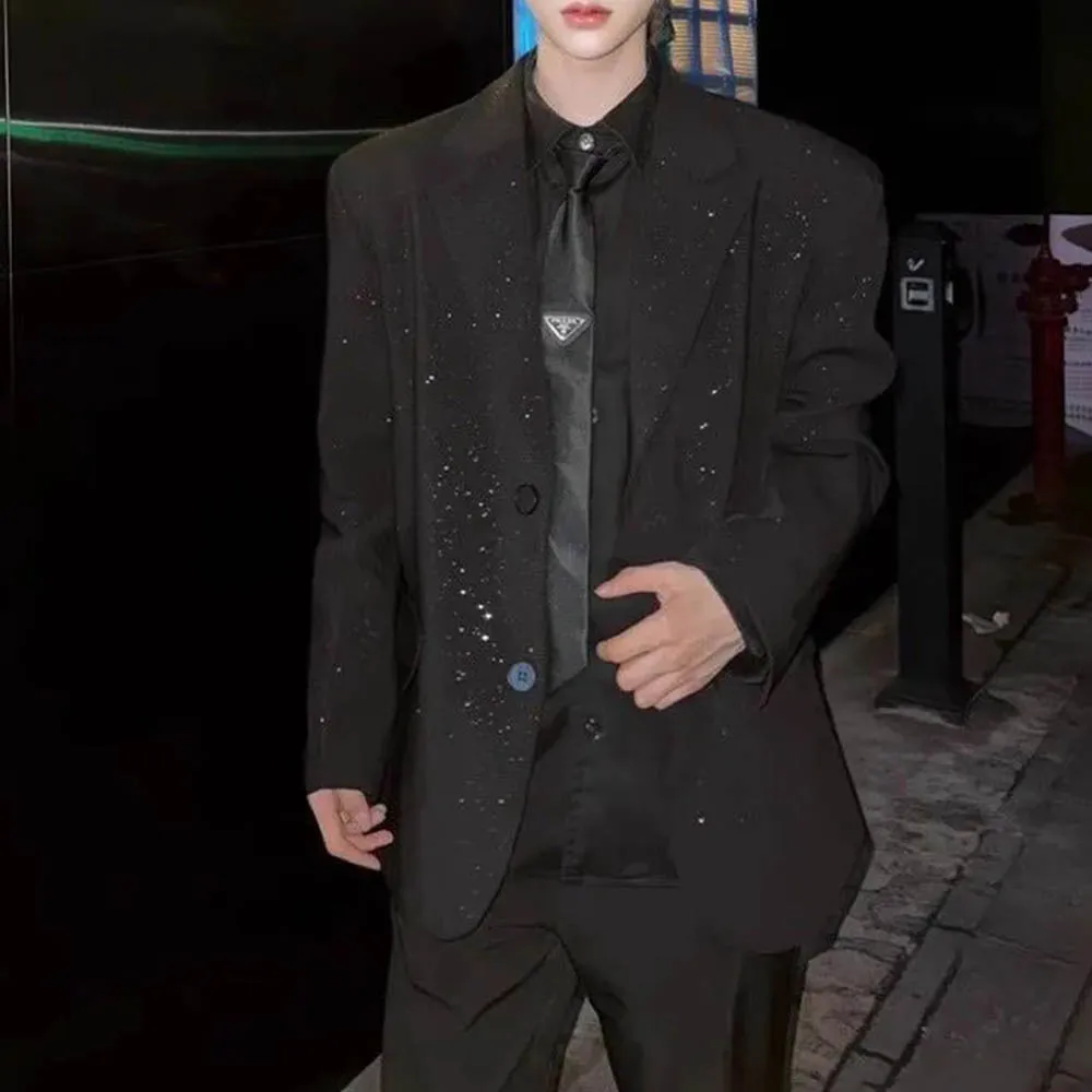 Mens Autumn Jacket Night Sky Sequin Ballroom Shoulder Pad Jacket Nightclub Stage Performance Streetwear Fashion Tops Men'S Wear