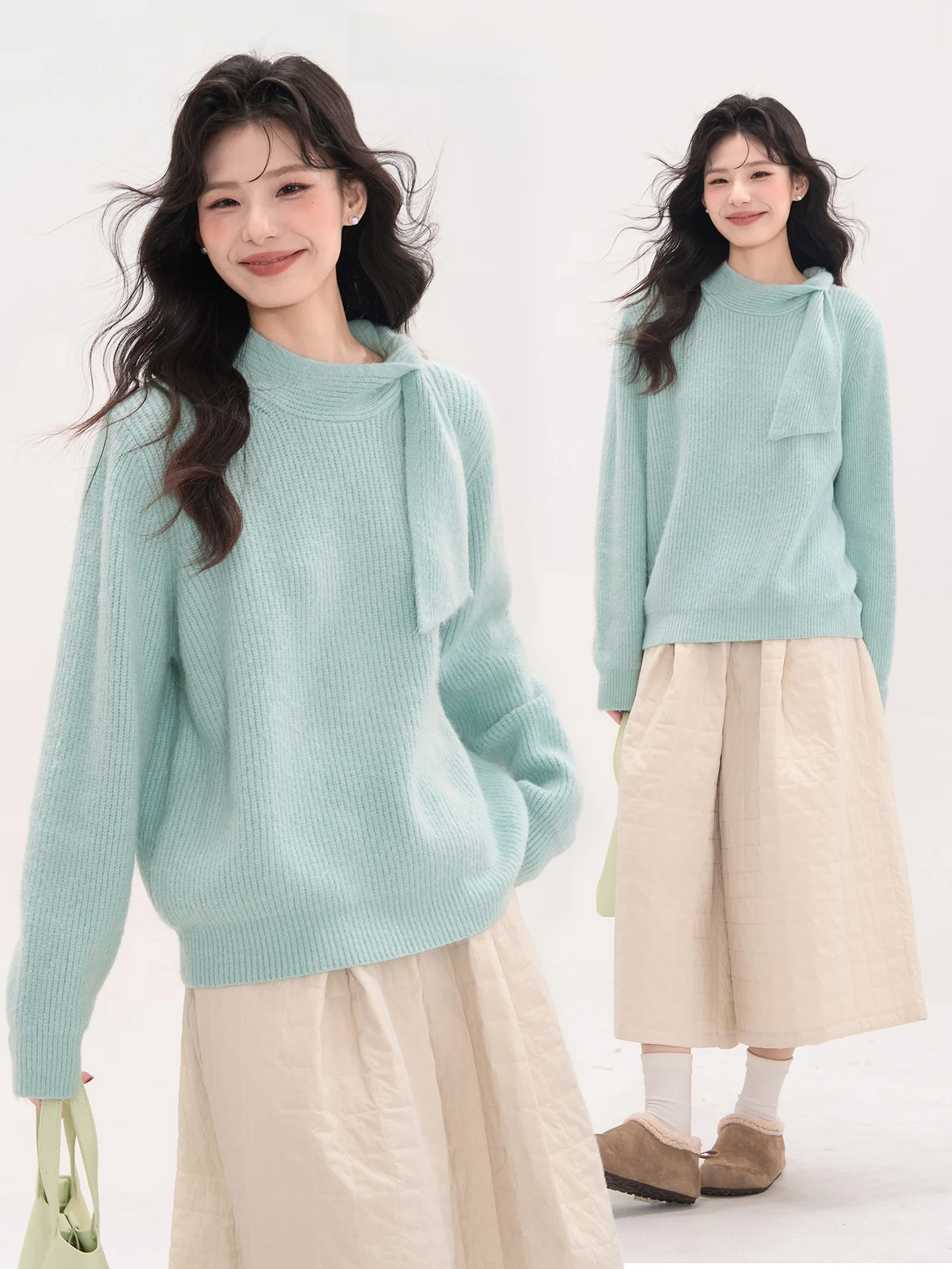

Sweet Soft Knitted Sweater Women's Winter Thi Long Sve Overhead Knot Design Comfortable Loose Fit round Ne Top