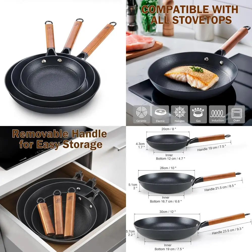 

Набор сковородок с антипригарным покрытием и сотовым омлем, чугунная сковорода из трех частей, 8, 10 и 12 дюймов, съемная деревянная ручка
