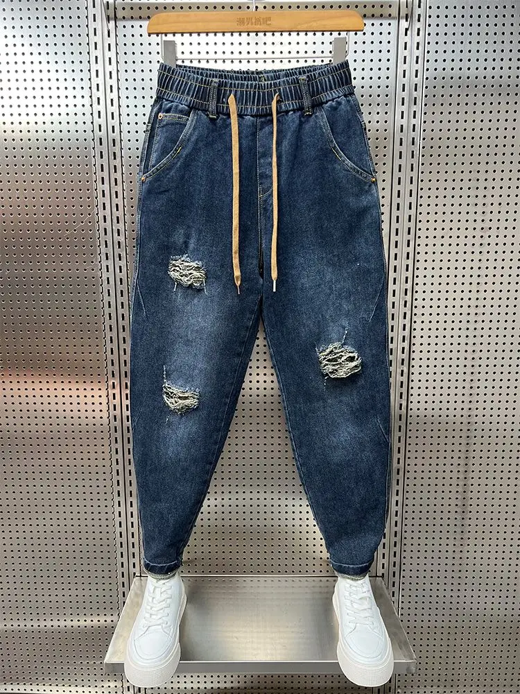 

Spring Autumn 2026 New Casual Jeans Men's Trendy Brand High Street Elastic Waist Ripped Casual Cargo Man Clothes Harlan Pants