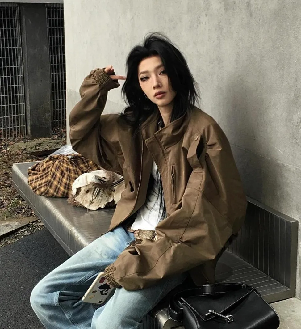 

Куртки-бомберы Женская куртка Желтая осенняя сетчатая марля Прозрачная косая иллюзия из двух частей с диагональными бриллиантами Ниша Графическая сетка Унисекс