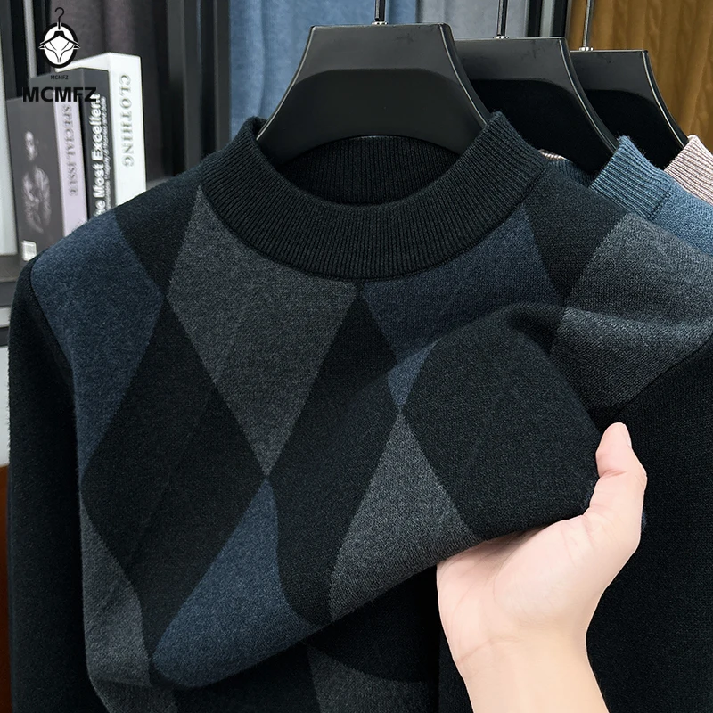 

Winter Warm New Men's Plaid Half High Collar Long Sleeve Sweater Knitted Sweater Fashion Casual Versatile Top