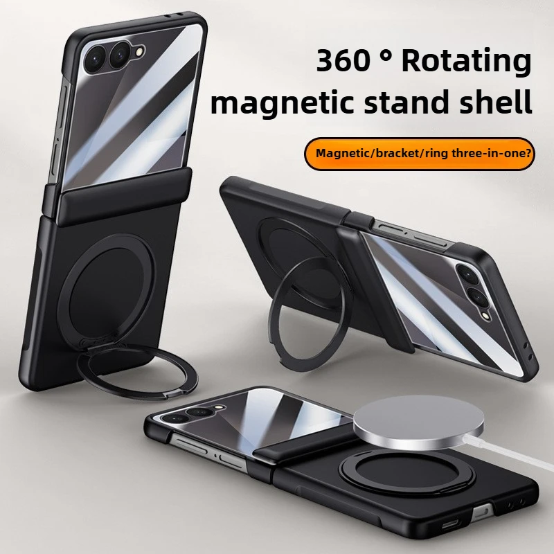 

For Samsung Z Flip7 Case News Full Coverage Hinged Magnetic 360 Rotating Stand with Subscreen Film Protective Cover for Z Flip 7