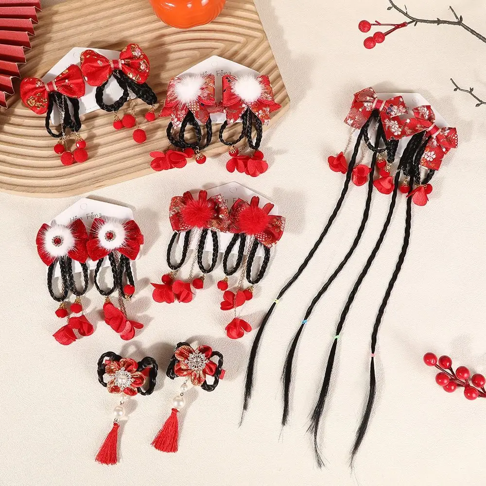 Épingle à cheveux de style chinois pour enfants, barrettes de tresse de perruque imbibée de Tang, vêtements de sauna Hanfu, nœud rouge doux mignon, pince à cheveux pour filles, nouvel an