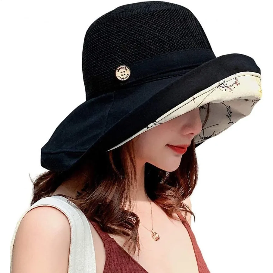 

Summer Mesh Sun Hats for Women UV Protection Wide Brim Packable Beach Bucket Hat
