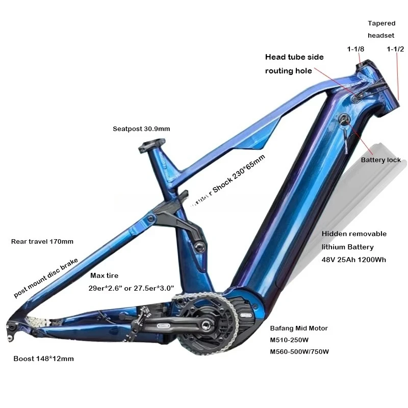

Full Suspension Aluminum Alloy EMTB Frame Bafang M620 M600 M560 M510 Mid Motor 48V 52V 25Ah Hidden Battery 27.5ER 29ER Frame