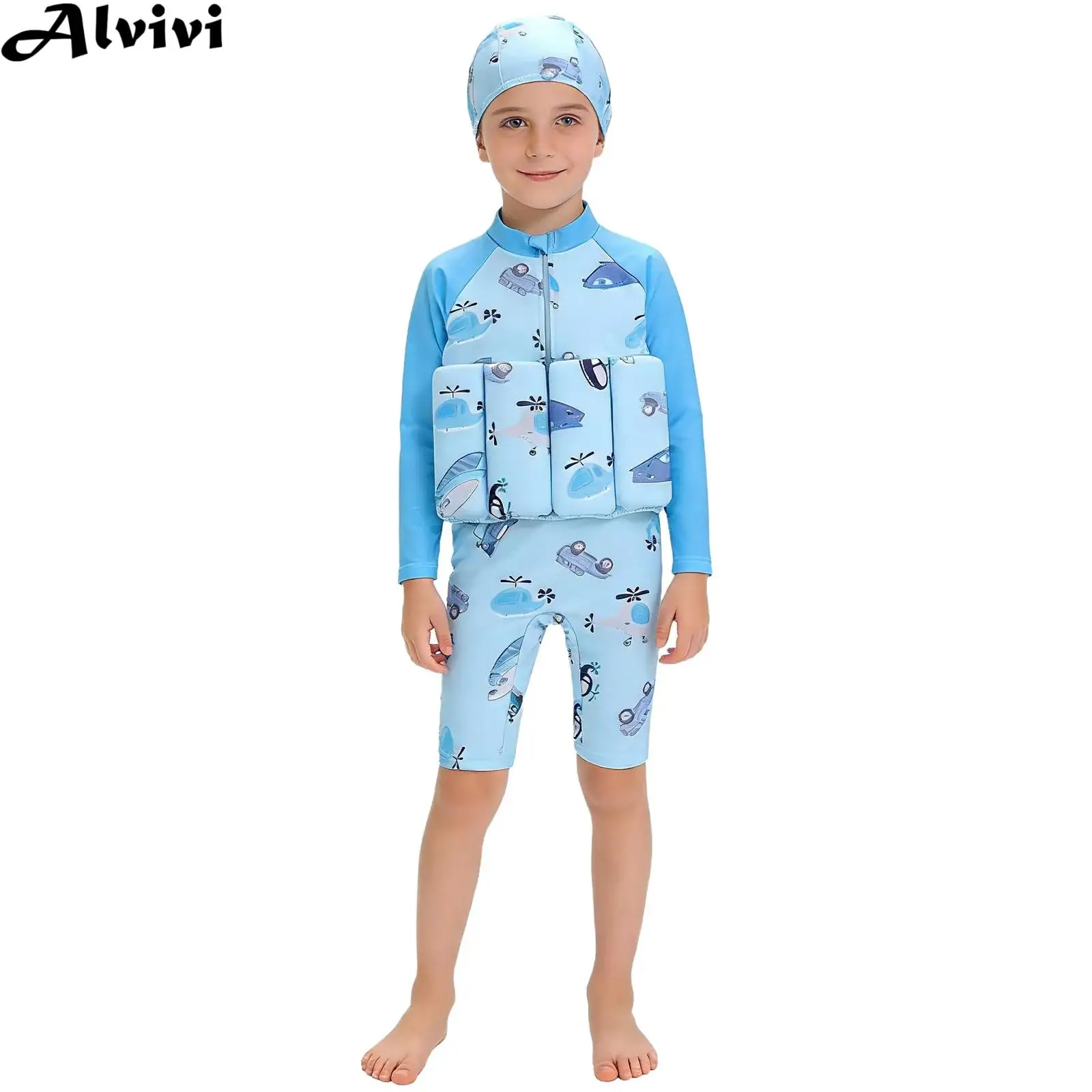 

Kids Floating Swimsuit Bathing Suit Long Sleeve Bodysuit Swimwear with Swim Cap for Beach Pool Floatation Swimming Learning