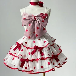 Vestidos Lolita victorianos japoneses para mujer, Tops sin mangas con lazo de encaje lindo, traje de falda de pastel de amor escalonado, conjuntos de Lolita dulce Kawaii, gótico, Y2k