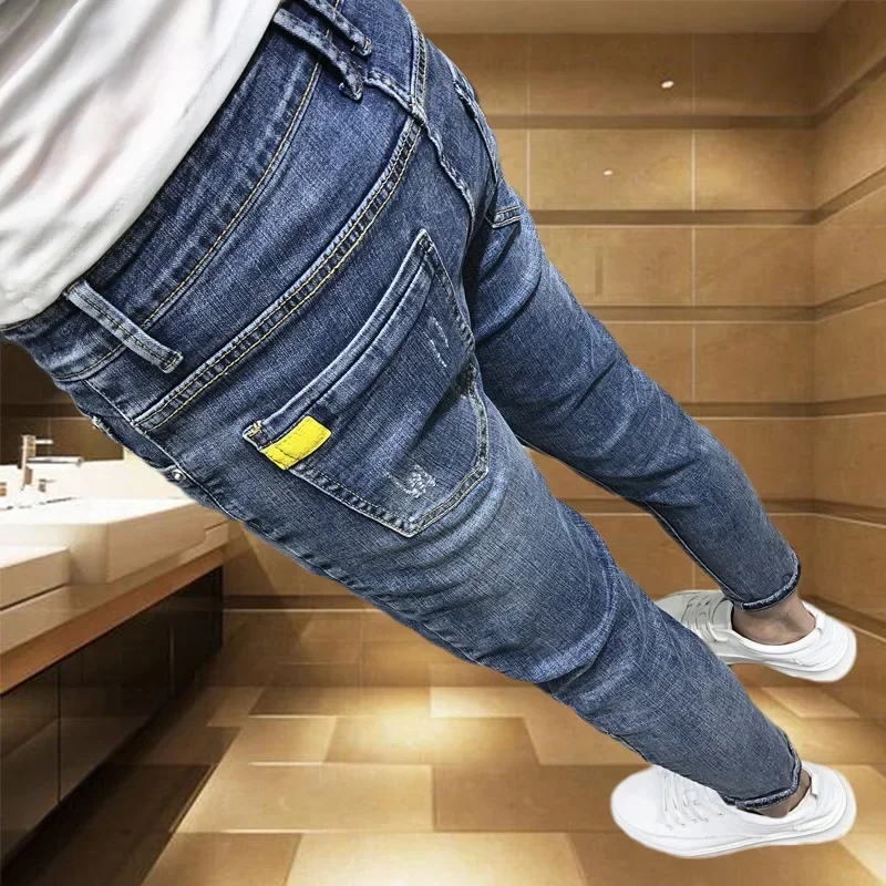 

Jeans Men Long Pants Denim Pencil Pant Straight Trousers Sheath Slim Fit Casual High Waist Pocket Button Simple Winter