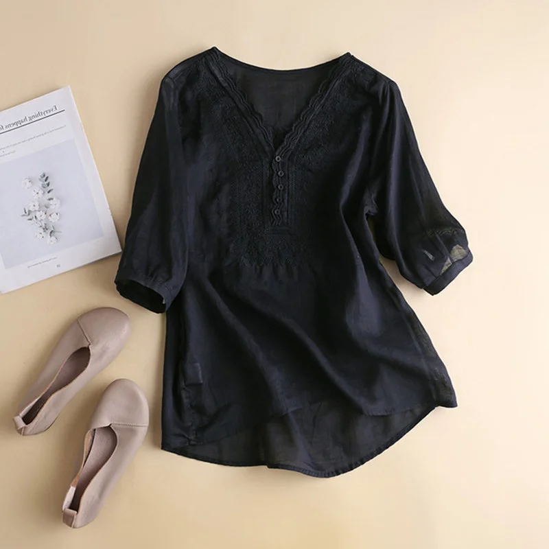 Sle giapponese da donna ort Sve irt V-Ne Top in cotone e lino ricamato vestibilità ampia per pendolari Faion Design artistico