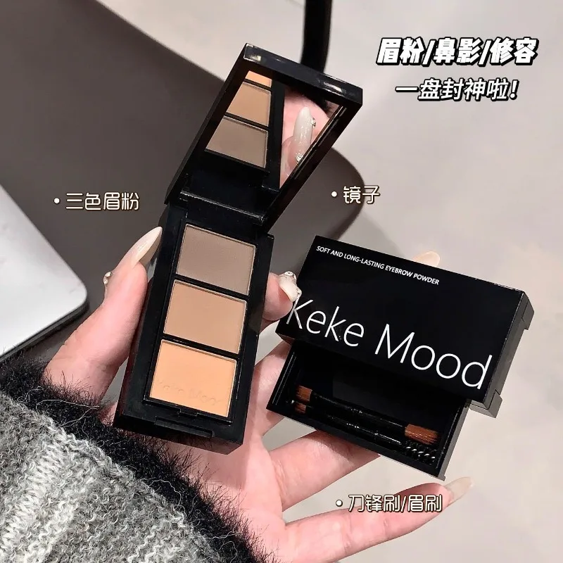 Paleta de polvos para cejas de tres colores con cepillo para cejas, maquillaje profesional resistente al agua y al sudor, polvo para cejas de larga duración