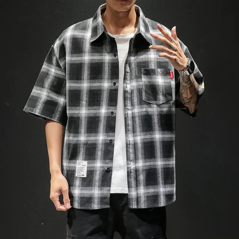 

Summer Men's Shirt New Fashion Hong Kong Style Lapel Open Stitch Plaid Patch Designs Button Short Sleeve Oversized Casual Top