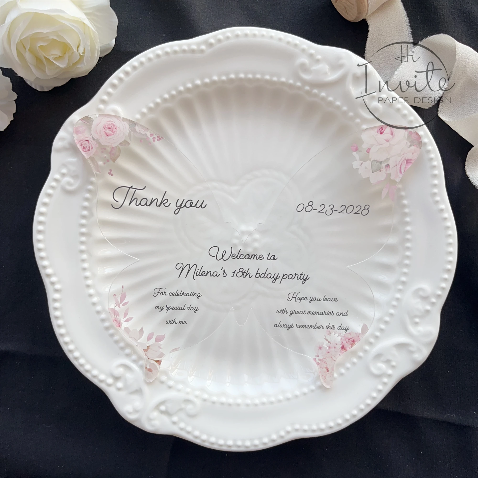 

Blush Butterfly Acrylic Plate Toppers For Quinceañera And Birthday / Holiday Place Cards/ Place Cards For XV Anos