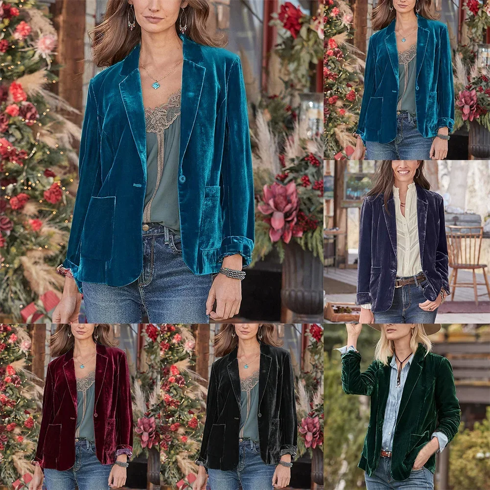 Women's Lapel Casual Business Blazers Suit Jackets Ladies Solid Pocket Velvet Single Button Cardigan Coat Blazers Clothing