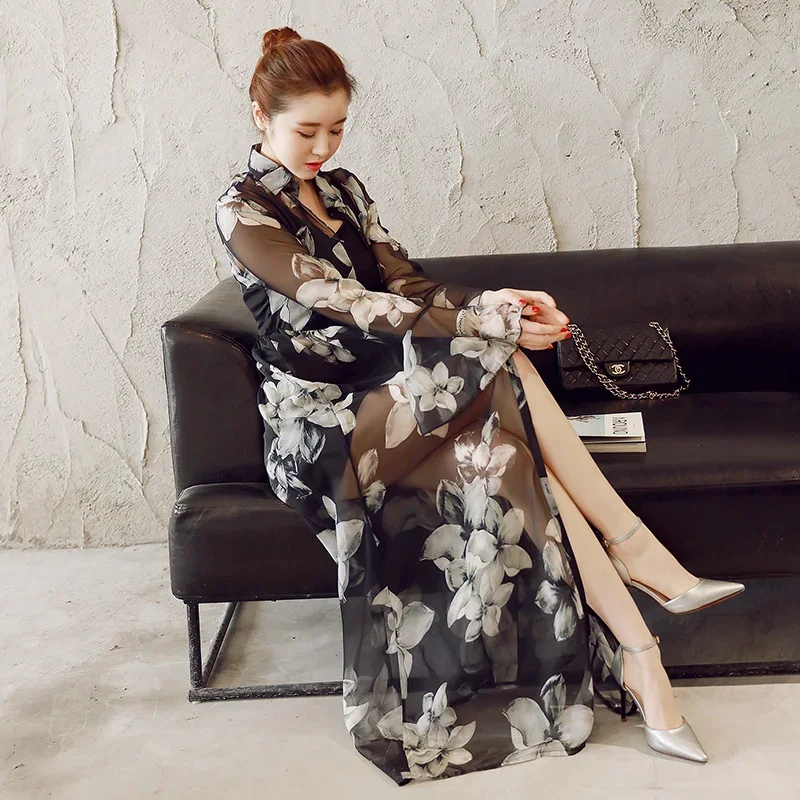2023 Lightweight Flower Printed Chiffon Cardigan Women Maxi Oversized dress Fashion Female Long Kimonos cape coats