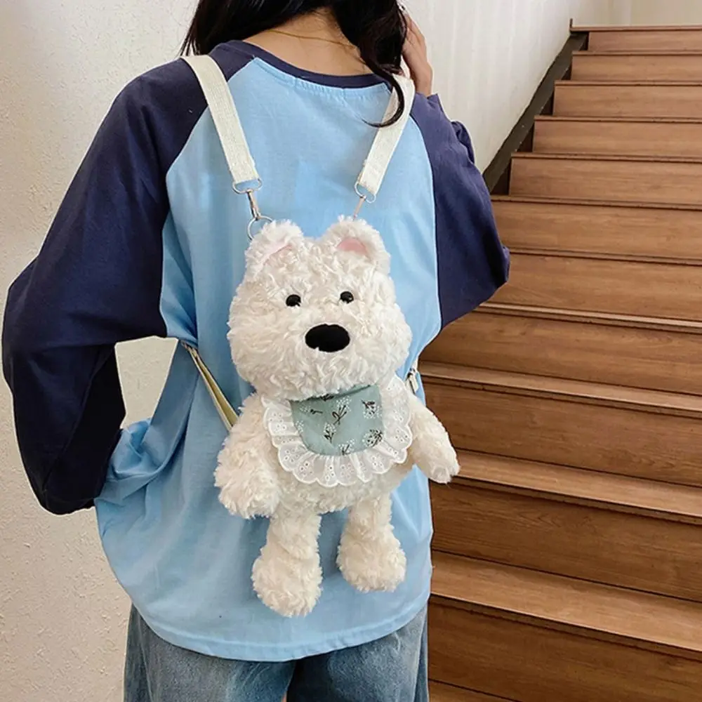 PP Cotton Westie Dog Plush Backpack Shoulder Bag Collection Plushie Doll Fur Bag Large Capacity Ins Stuffed Running Dog Knapsack