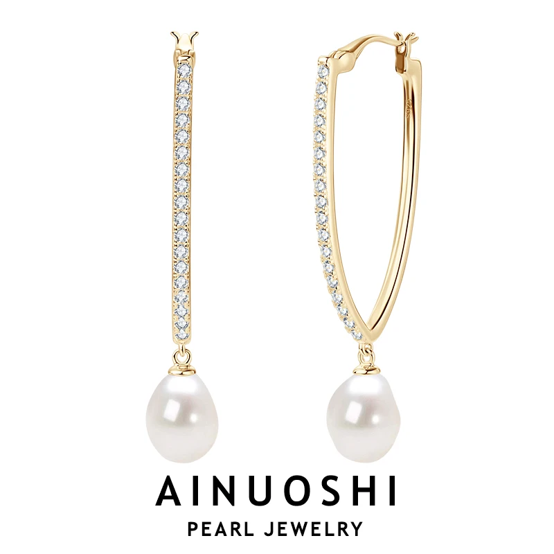 AINUOSHI Korean INS Pearl Earring For Women Original 925 Sterling Silver 9-10mm Baroque White Natural Freshwater Pearls Earrings