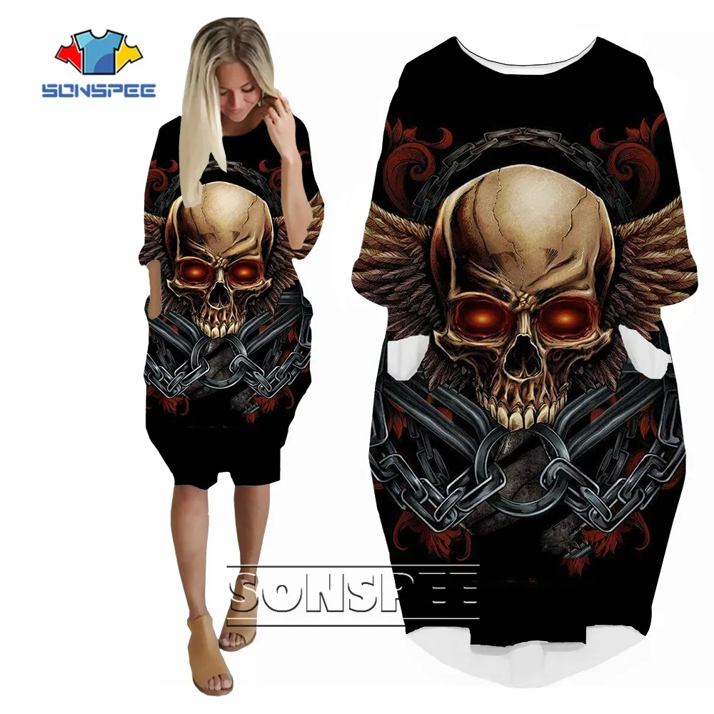 SONSPEE Custom Evil Skull 3D Printing Hip Hop Women's Dress Iron Chain Pattern Skirt Street Horror Style Long Sleeve Gown