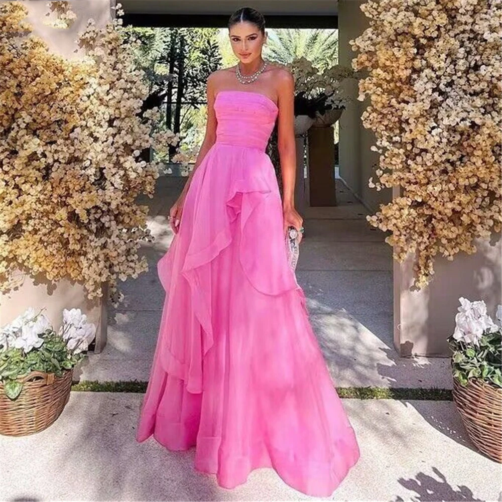 Customized Hot Pink Ruffles Prom Dress Sweetheart Pleated Strapless Floor Length Formal Evening Dress Women Special Party Gowns