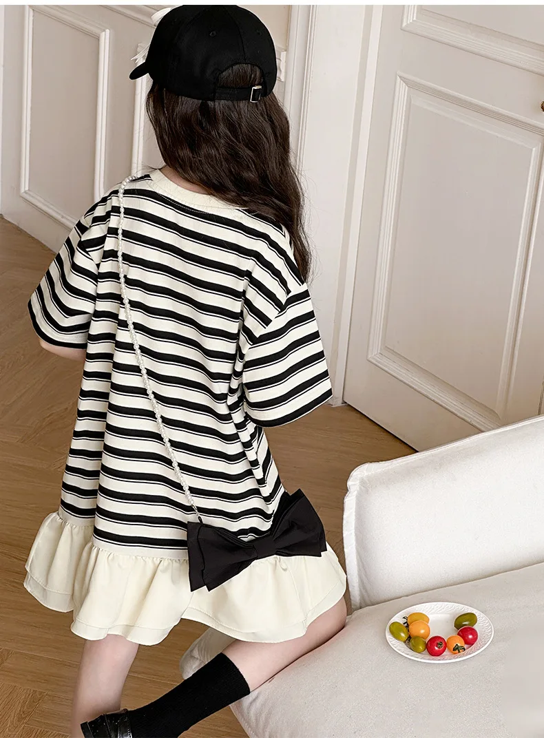 2026 Summer Kids girls cotton patchwork flounce lace striped T-SHIRT Dresses cotton Princess Children 5 6 7 8 10 11 12 13 Years