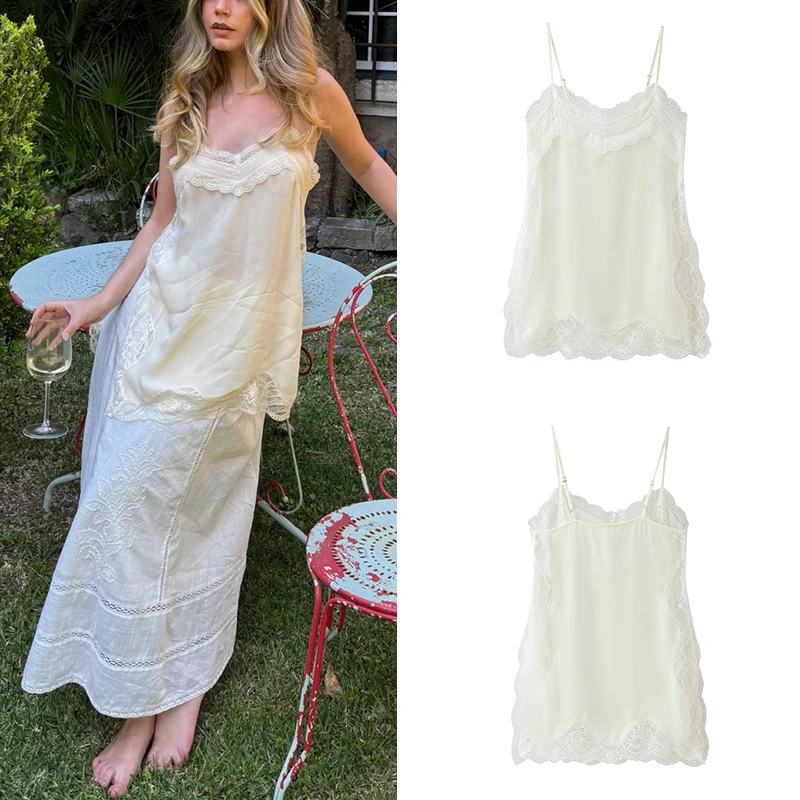 

2025 Summer New Women's Faion Versatile Daily Lace Splice Split Strap Vest Polyester Fiber Pure Color Basic Sle Z