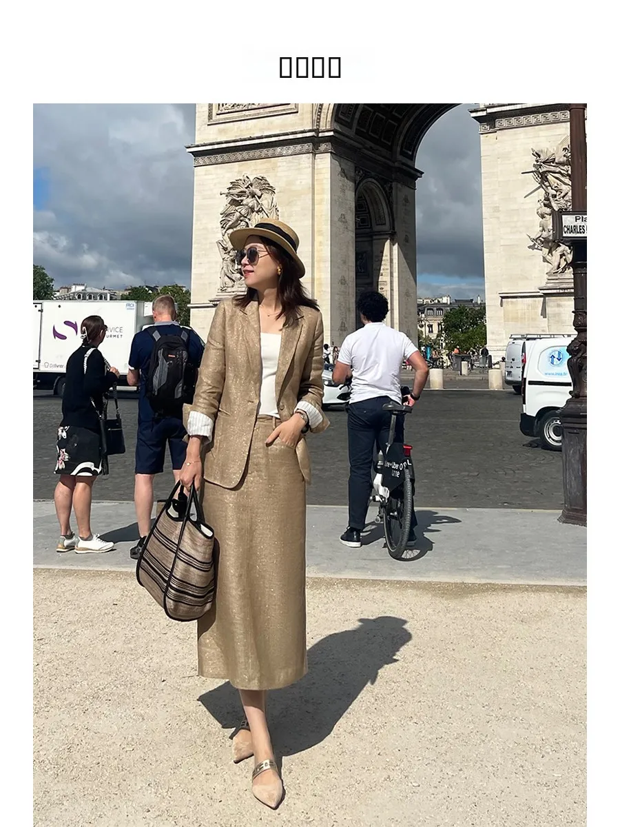 

Парижский льняной костюм Dr Gold Tead: пиджак и юбка, стандартная ширина плеч, осенний стиль, деловая одежда для женщин