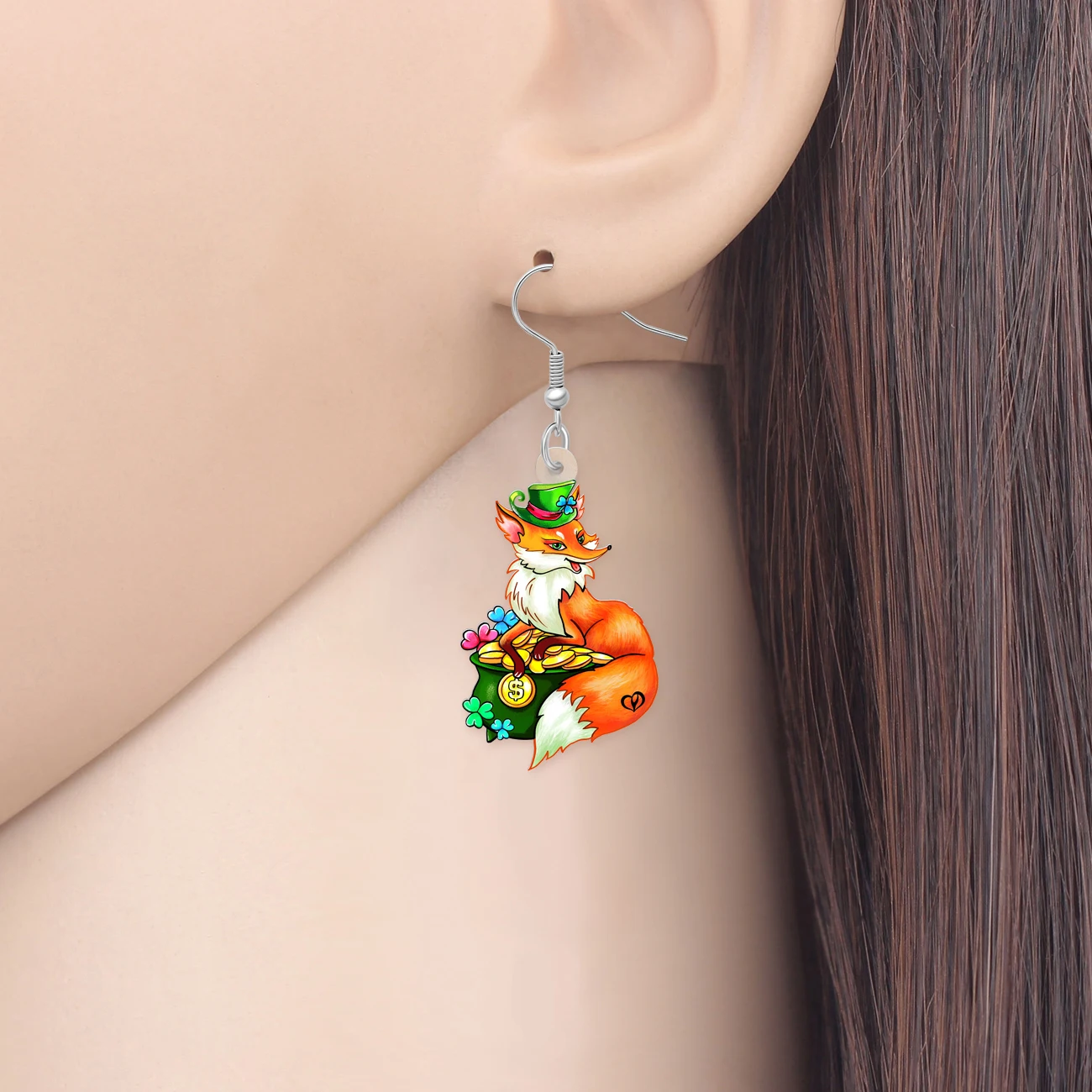 BONSNY Acrylic St Patricks Day Fox Earrings Irish Green Clover Hat Gold Coin Forest Animals Jewelry Good Luck Gifts For Women