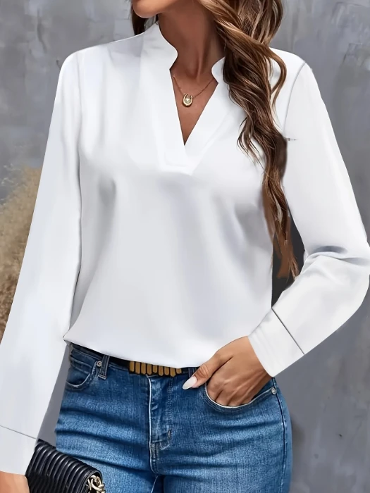 Women's fashionable casual simple shirt 2024 autumn solid color V-neck loose and versatile shirt top shipped within 48 hours