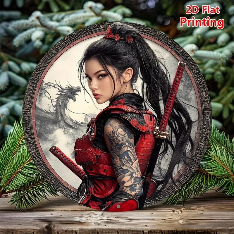 

1pc, 2D Flat Round Vintage Japanese Samurai Theme Aluminum Metal Sign, Wall Hanging Decor for Bar, Kitchen, Cafe, Home