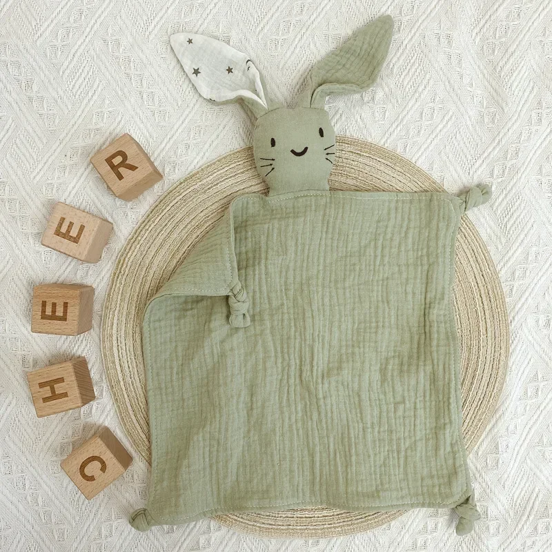 Soft Cotton Muslin Baby Bib Stuffed Rabbit Doll Newborn Appease Towel Security Blanket Baby Sleeping Cuddling Towel Facecloth