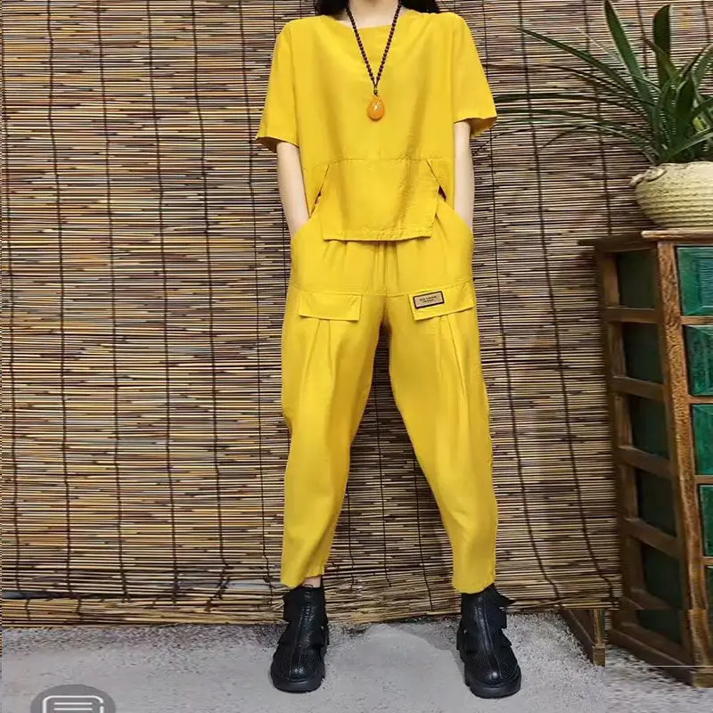 女性用半袖ラウンドネックTシャツ,ロングパンツ,無地,ポケット付き,スポーティなスタイル,夏服,新しい2023コレクション