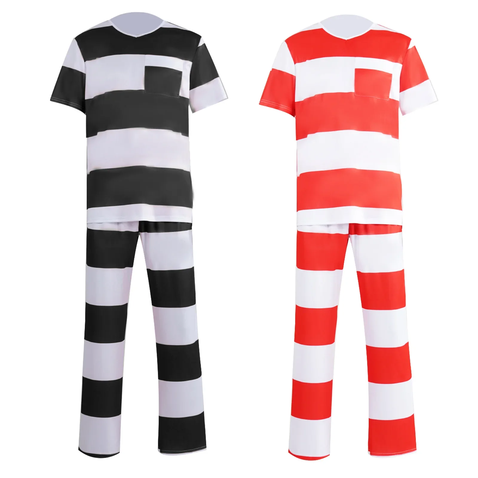 

2pcs Mens Prisoner Costume Uniform Halloween Guilty Prisoner Sets Striped Short Sleeve Shirt Top Pants Jailbird Convict Outfits